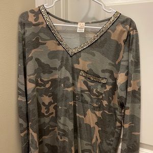 Camo boutique top with a sequin “bling” collar - wear casual or dressy